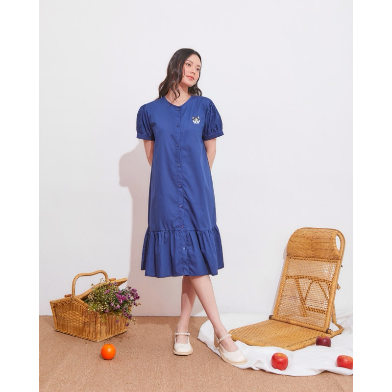 Puffy Dress Midi Wanita Lengan Pendek Balon Korean Style Motif Polos Warna