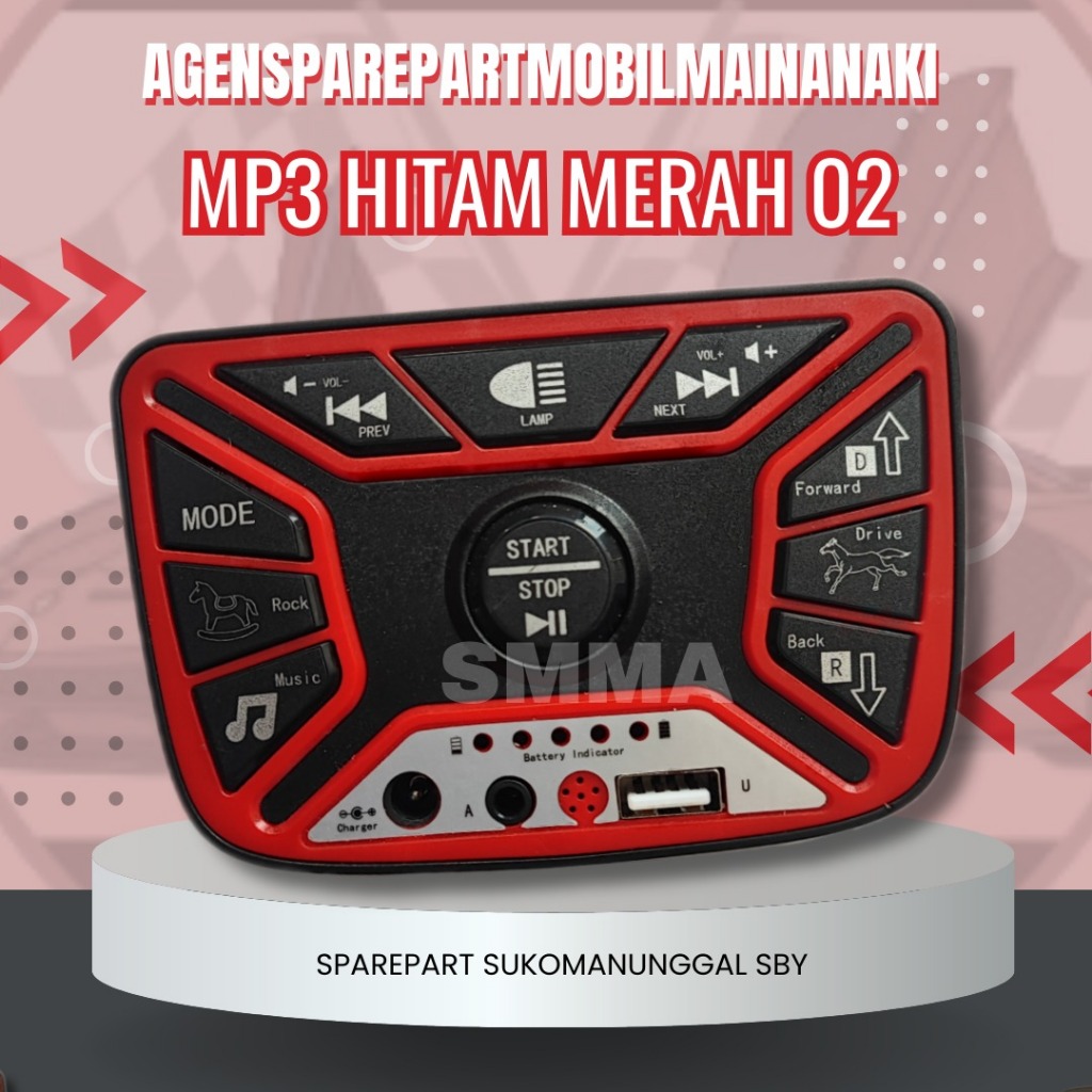 SMMA || MP3 HITAM MERAH 02 MODUL MUSIK TOMBOL ON OFF POWER MOBIL MAINAN AKI ANAK MUSIK