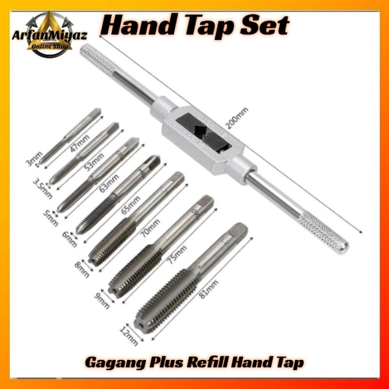 Mata Tap Set 8pcs Lengkap Gagang Stang Handle Alat Senai Pembuat Ulir Drat Dalam Hand Tap Bor