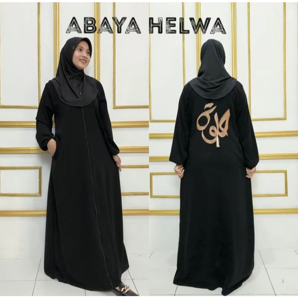 gamis abaya arab wanita hitam helwa bordir kain jetblack saudi nyaman adem tidak terawang