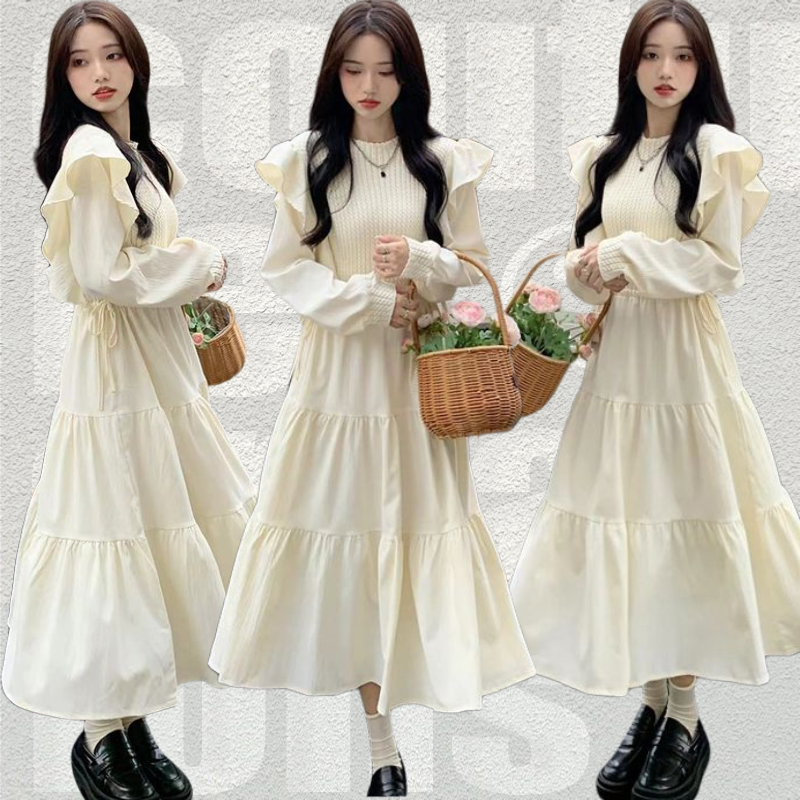 Gaun Rajutan Sambungan Gaya Korea/Rok Peri Pelangsing Pinggang Serut/Rok Panjang Kerut Prancis/Gaya 