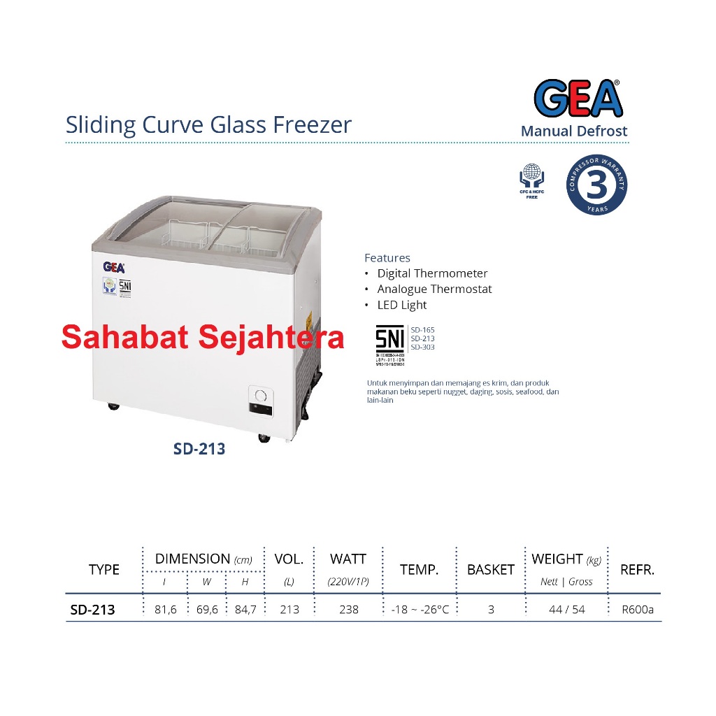 GEA Sliding Curve Glass Freezer SD-213 Freezer Sliding Kaca
