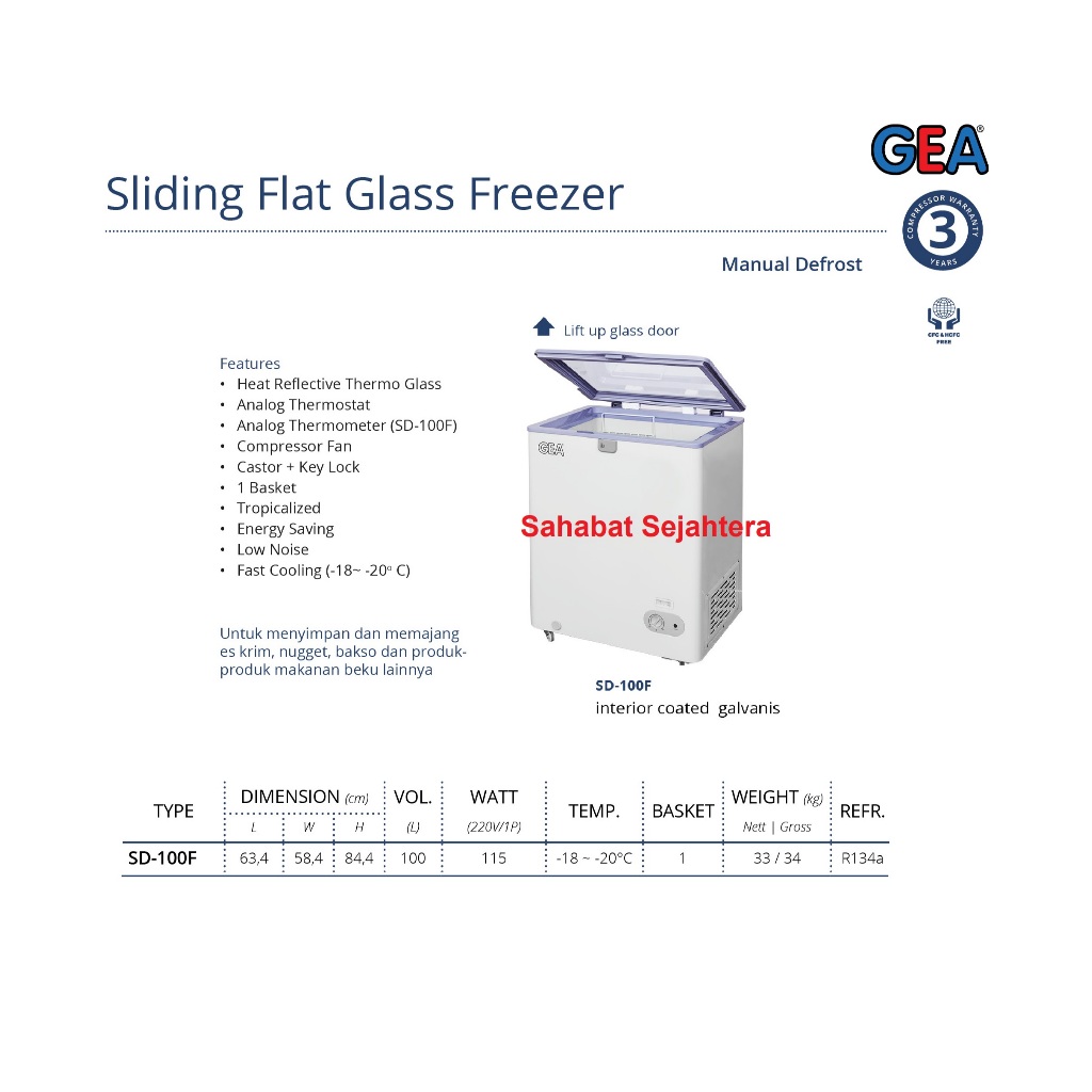 Berat Sebenarnya GEA Sliding Flat Glass Freezer SD-100F Freezer Sliding Kaca