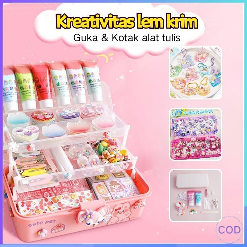 

【COD】 Sticker Guka Set DIY Deco Cream Kit Kotak Pensil Kotak Stationery Deco Cream Clay Pencil Box Paket Material Mainan kreatif lem krim