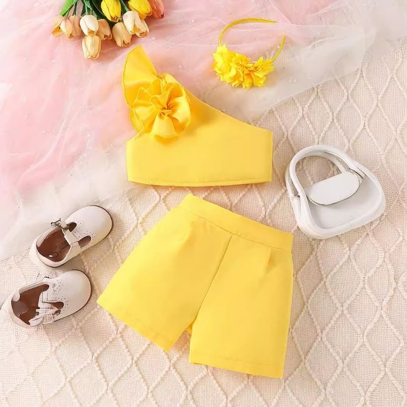 Setelan baju crop celana pinggang karet anak perempuan import