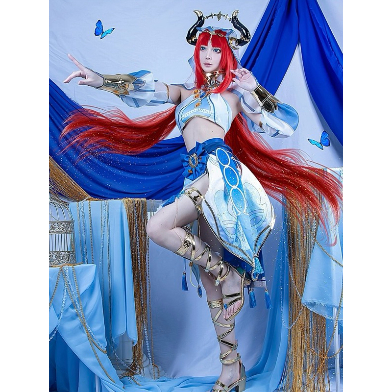 【Lolicos】Ready Nilou Genshin Impact Cosplay Costume Game Sumeru Nilou Blue Dancer Kostum Fullset Wig