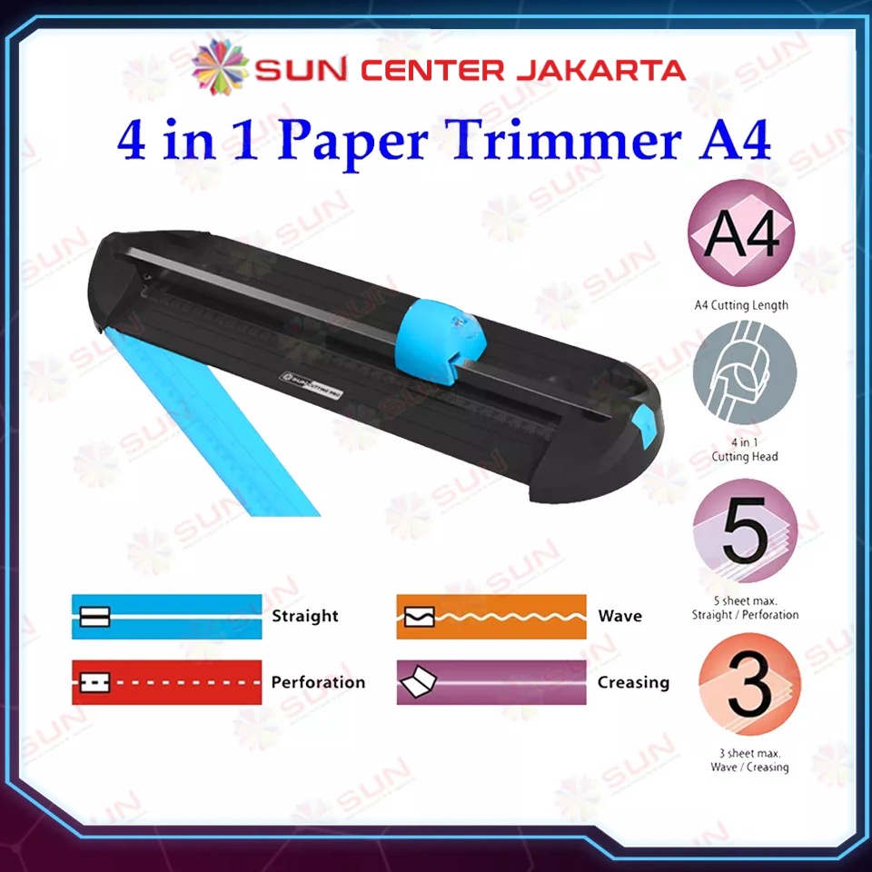 

Alat Potong Kertas 4 in 1 uk A4 SUN Cutting Pro CPMT41A4 Paper Cutter Trimmer Multifungsi untuk Potong Garis Lipat Perforation Putus putus Creasing Potong Gelombang Wave ART P7F3