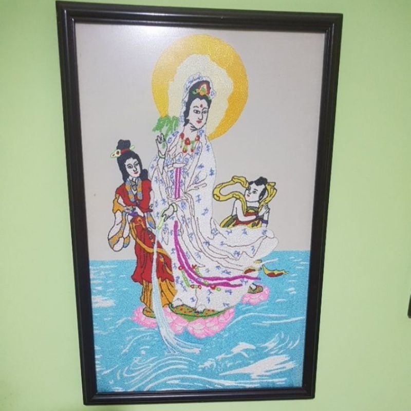 sulaman benang lukisan kwan im, cai shen ye, ikan preloved paket 3pcs