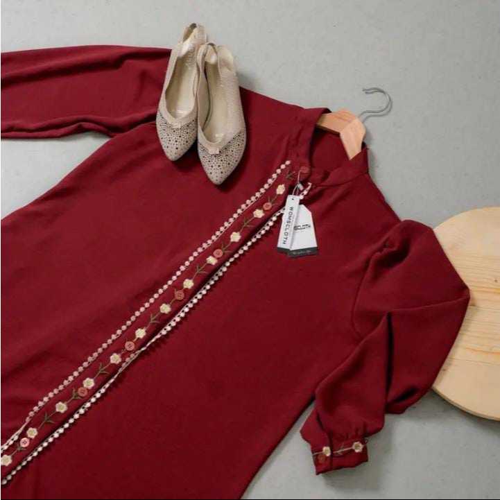 Womscloth - Midi Dress Crinkle Bordir - Dress Lebaran Busui Kancing Lengan Panjang - Gamis Wanita Muslim Terbaru-Marun