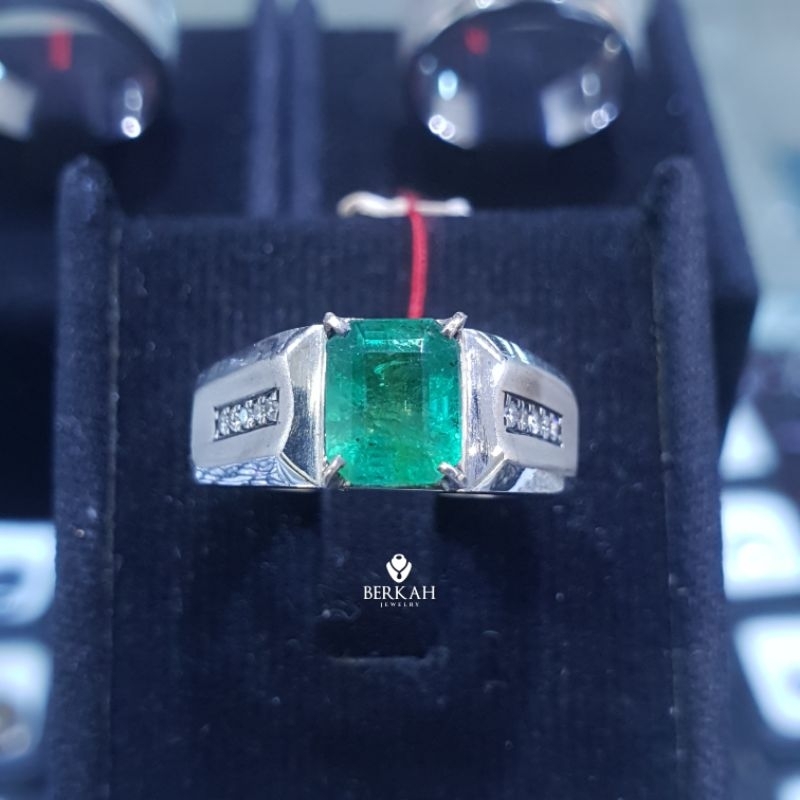 Cincin Pria Perak Palladium Berlian Asli & Zamrud