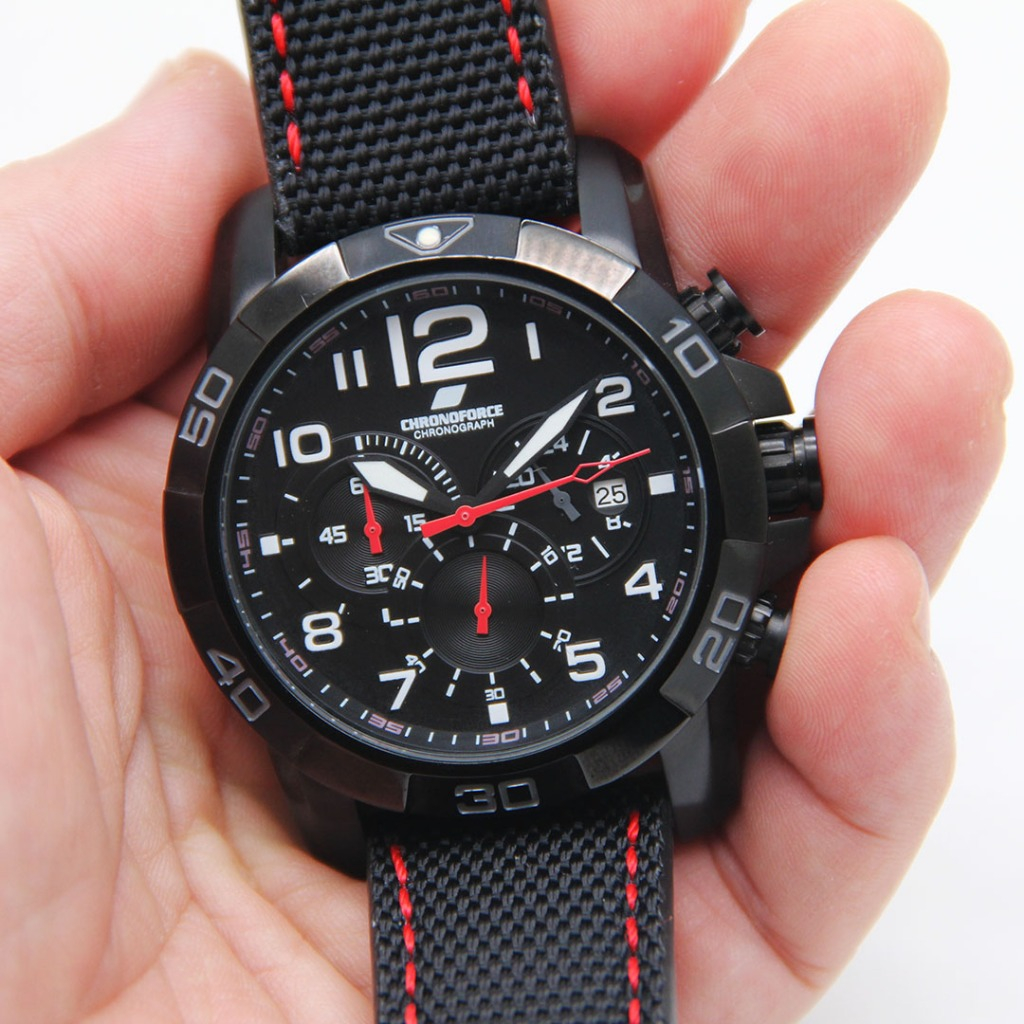 Jam Tangan Pria Chronoforce 5205 Tanggal Chrono Sporty Kulit Canvas Full Black