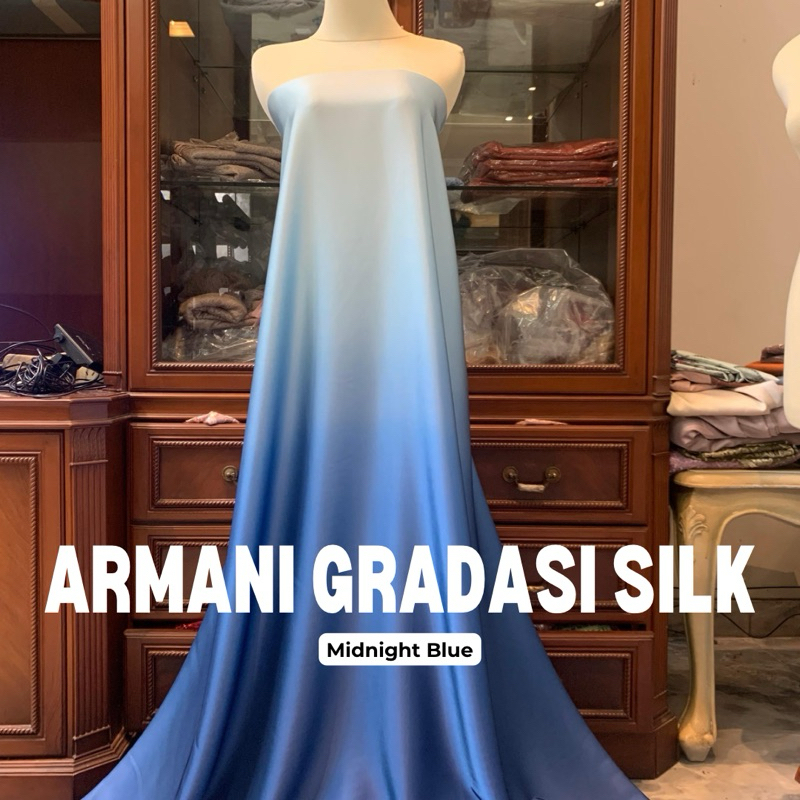 Bahan Kain Satin Silk Armani Gradasi Ombre 2 Tone High Quality Import Warna Midnight Blur Biru