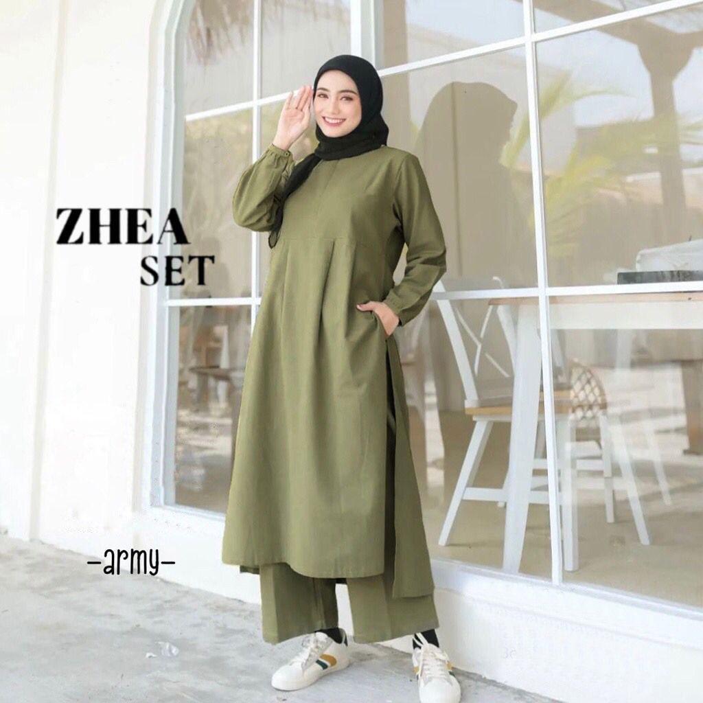 Zhea Setelan, Long Tunik, Celana KulotBahan Katun Linen, Fashion Muslim, One Set, Set Wanita