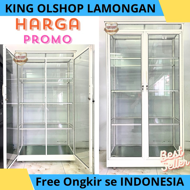 Lemari Almini 2 Pintu Putih Kaca Bening Full Rak [LAMONGAN]