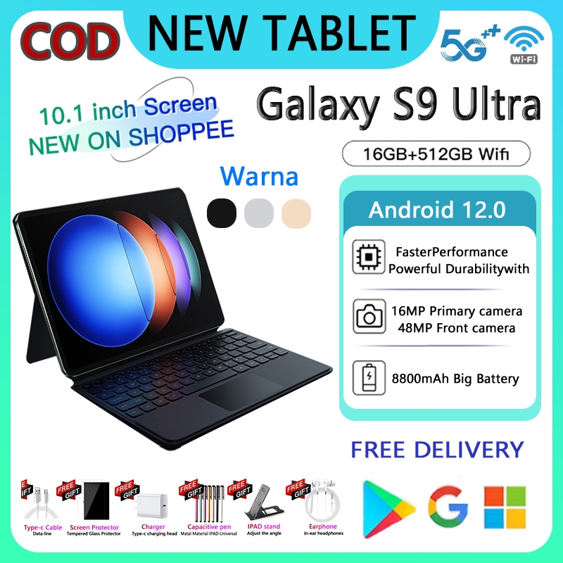【2024New】Tab Baru Galaxy S9 Ultra Tablet PC for anak Murah 10.1inci RAM 12GB+512GB ROM terbaru 2024 smart tablet  Asli original baru android12.0 5G Wifi Dual SIM COD