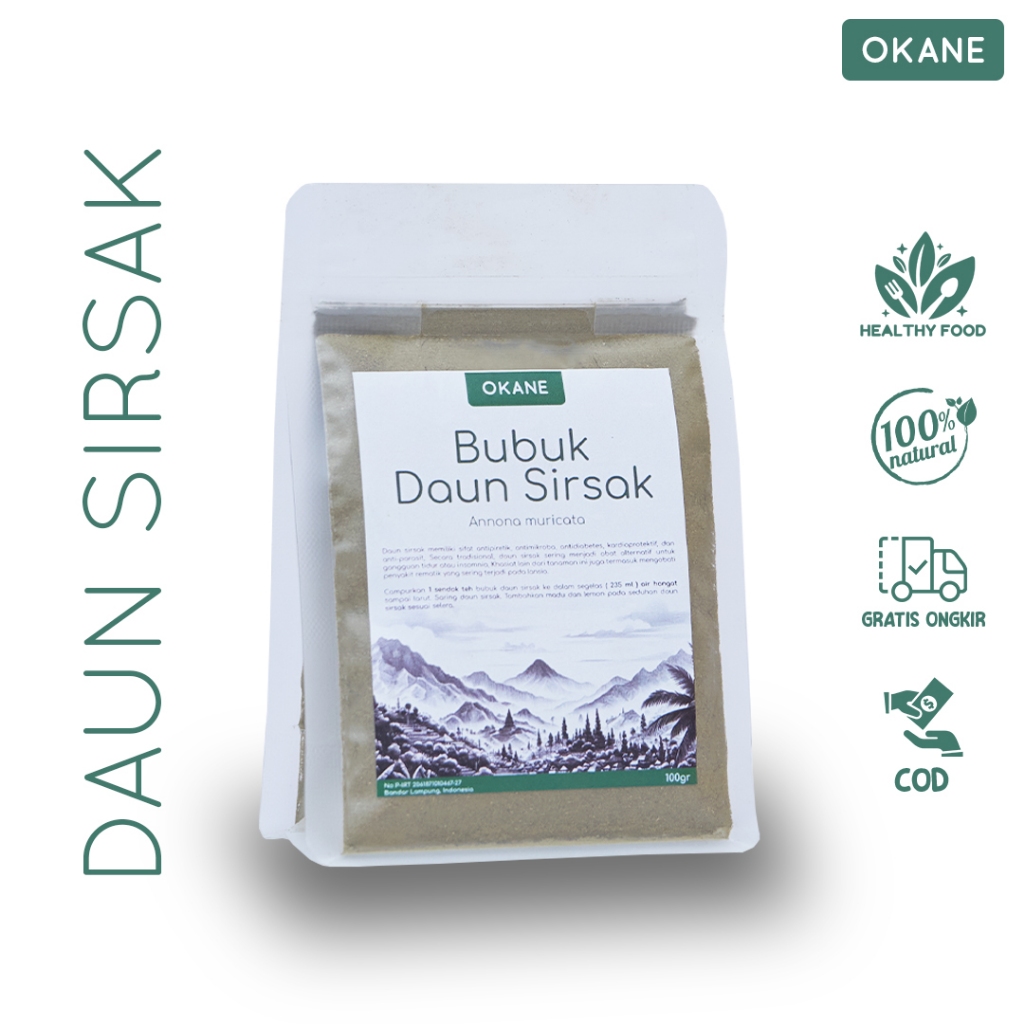 

Daun Sirsak Bubuk Asli OKANE 100 gr / Bubuk Daun Sirsak Original Tanpa Campuran