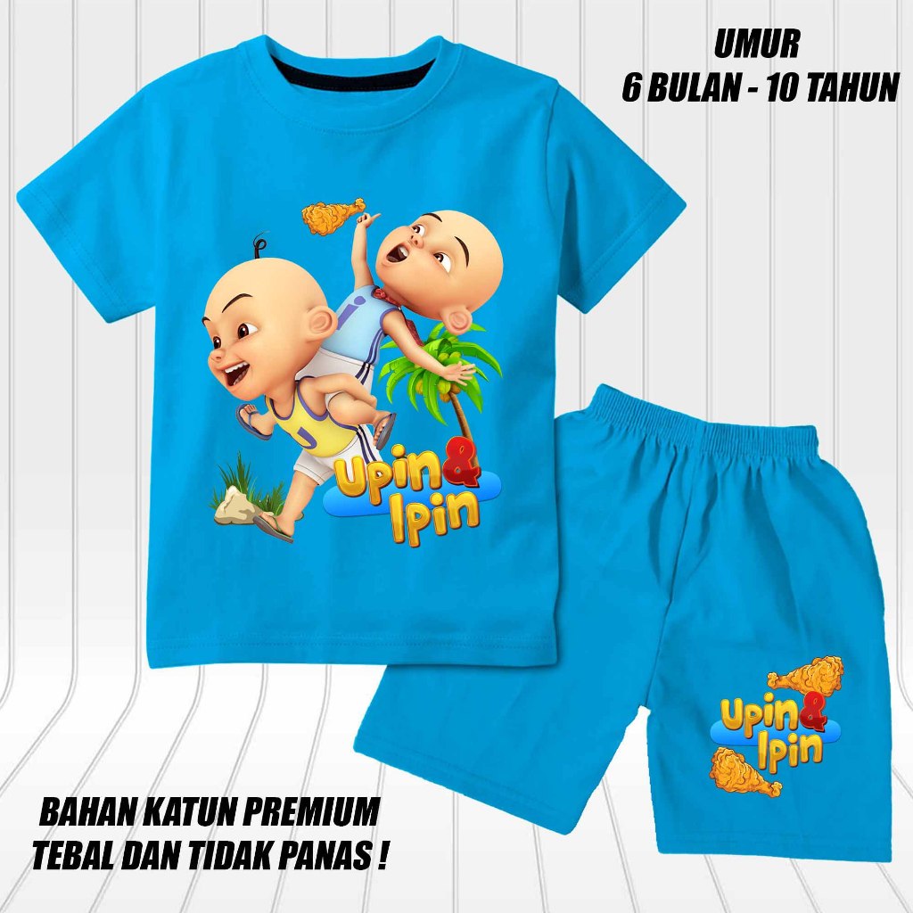 setelan lengan pendek anak laki laki perempuan set baju kaos pendek anak cowok motif upin ipin ayam 