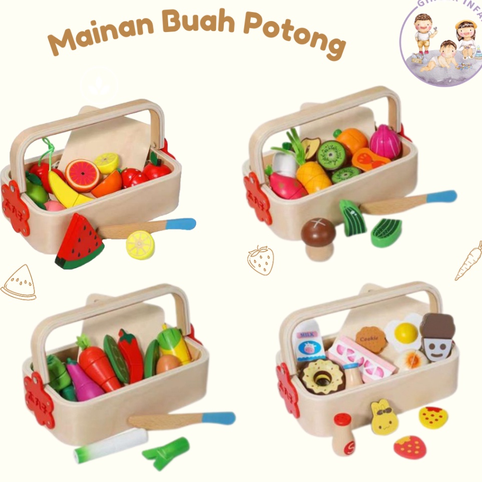 ART W78D GINGERINFANT mainan buah potong keranjang kayu wooden basket fruits veggies mainan buah pot
