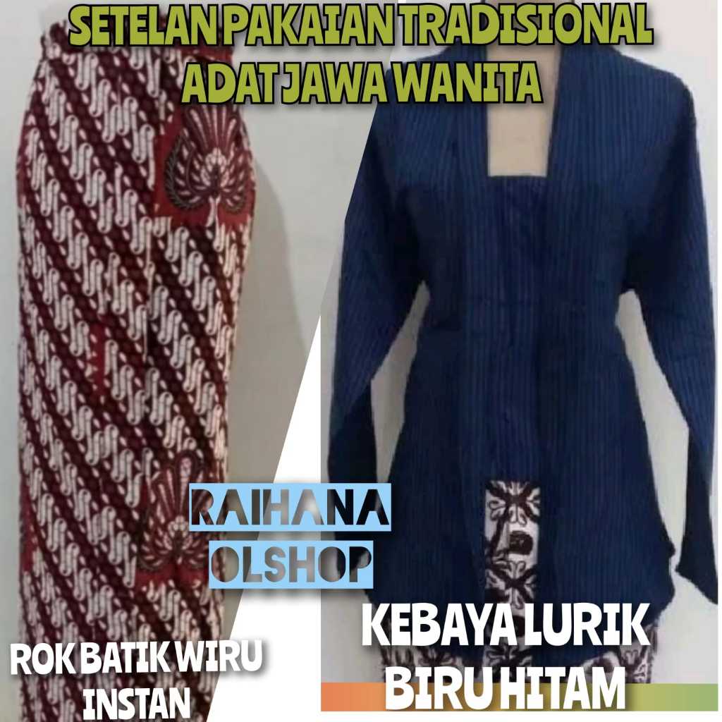 SEPAKET BAJU ADAT JAWA WANITA | KEBAYA LURIK BIRU HITAM + ROK BATIK WIRU INSTAN | PAKAIAN NASIONAL P