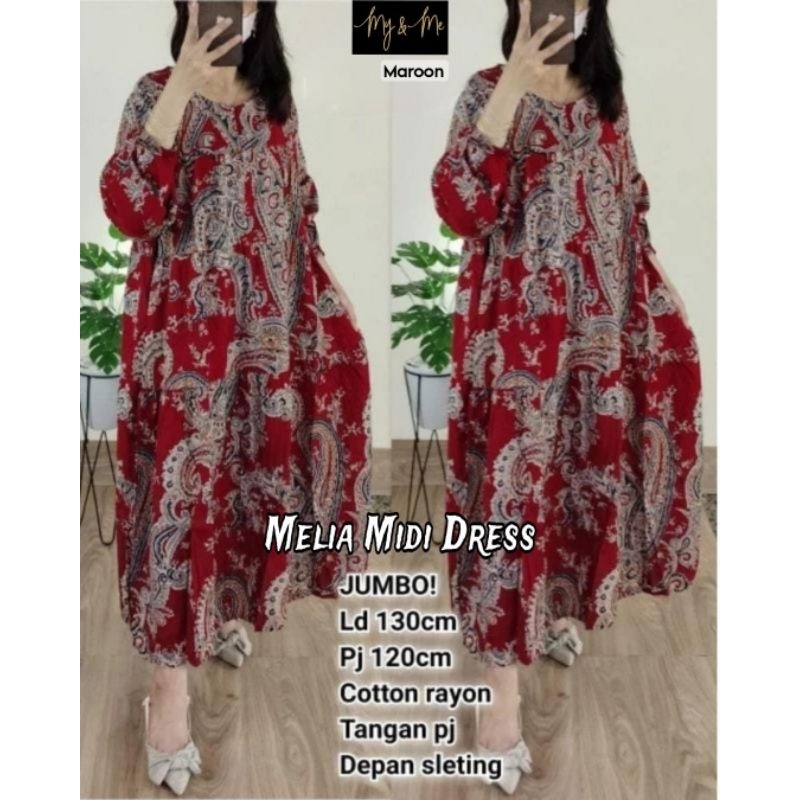 MIDI DRESS WANITA JUMBO/MELIA/DRESS MIDI WANITA KATUN RAYON JUMBO LD 130 CM FIT XXXL