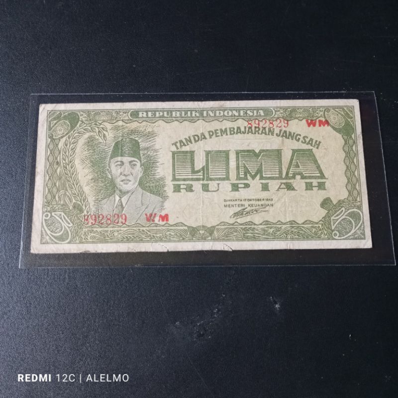 uang kertas 5 rupiah ori tahun 1945 beredar baik asli 892829WM