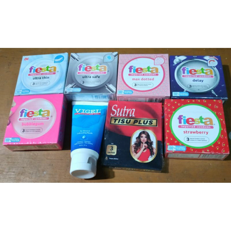 COD || PAKET KOMPLIT HEMAT KONDOM FIESTA ALL VARIAN ISI 3 + VIGEL 30ML + SUTRA TISSUE PLUS ISI 3
