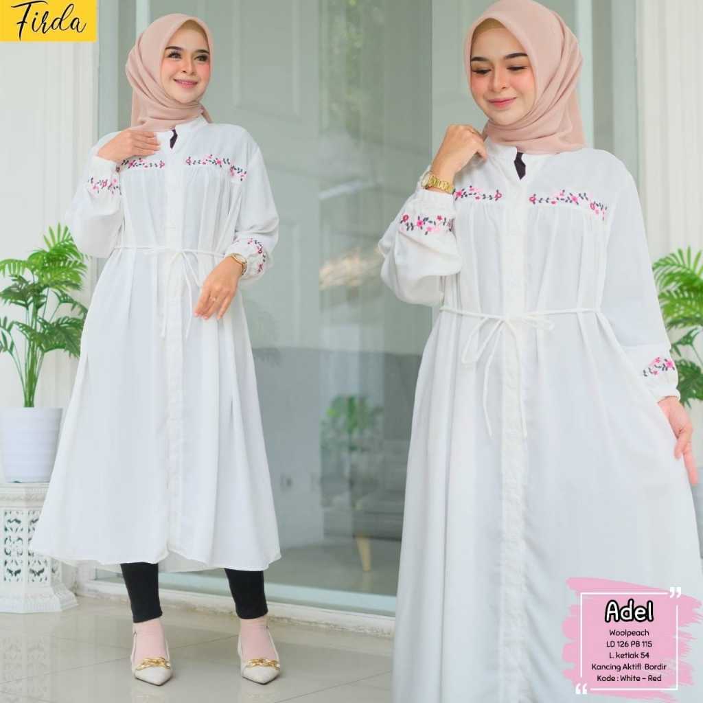 Adel Long Tunik Putih Wanita Jumbo Ld 120 Motif Bordir Bunga Bahan Wolfis Premium Terbaru