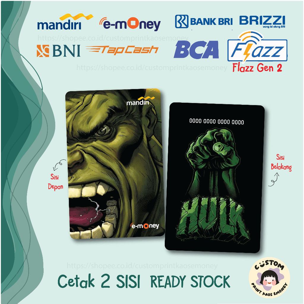 KARTU E MONEY E TOLL SUPERHERO HULK MARVEL GREEN AVENGERS MANDIRI TAPCASH BRIZZI FLAZZ GEN2 - 2 SISI