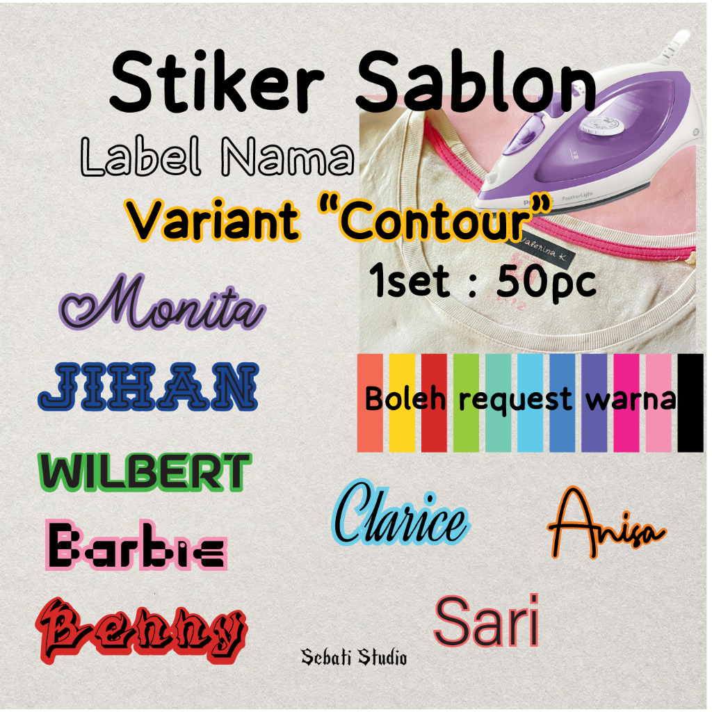 

(<1 Hari Jadi) Stiker Label Nama Variant Countor isi 50pc | Stiker Kain Baju Kaos Sablon Setrika Iron Custom Tulisan Nama Bebas Req Warna