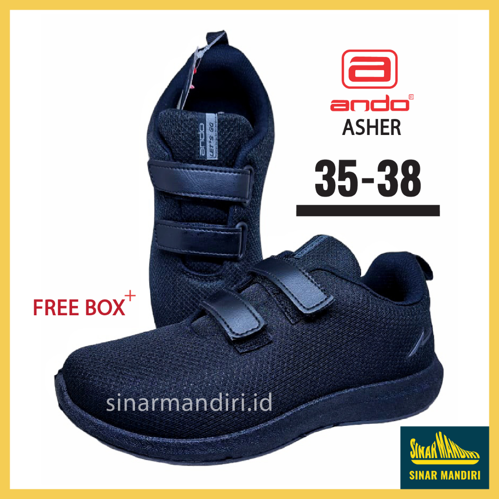Sepatu Sekolah Ando Anak Asher Velcro 35-38 Hitam Perempuan/Laki-laki Keren Original Awet Realpict