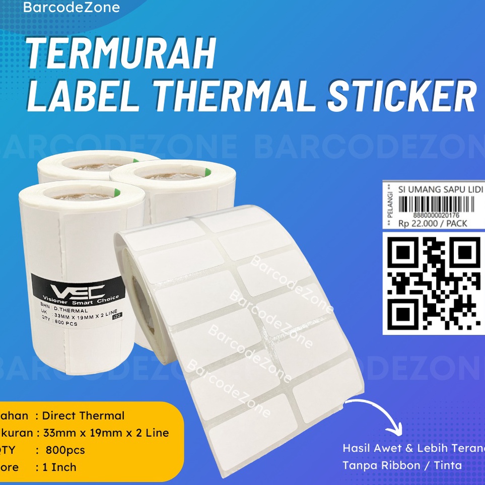 

Murah Terupdate LABEL THERMAL STIKER 33 x 19 mm STICKER DIRECT THERMAL 33x19 2 LINE BARCODE HARGA TANPA RIBBON