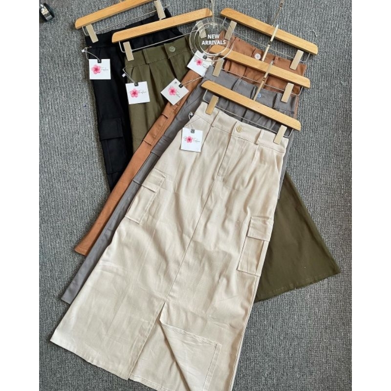 Rok Kargo Belah Skirt Cargo Wanita Kanvas Twill Korean Style Terbaru