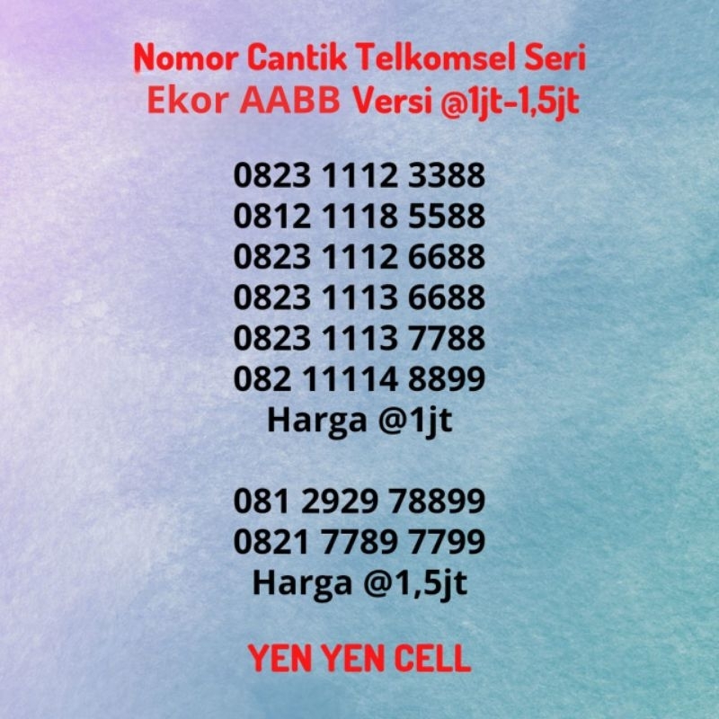 Nomor Cantik Super Telkomsel Kartu Perdana Simpati Seri Ekor Ujung AABB Belakang Versi @1jt-1,5jt - 