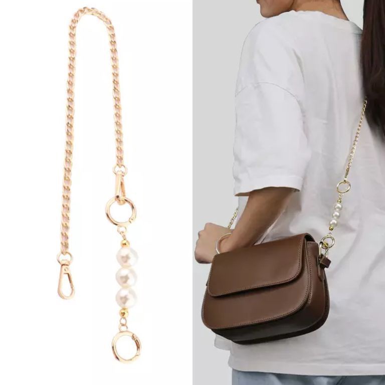 KODE W77F FANMY  1cm strap chain extension  rantai tas gold mix mutiara  pearl chain extension  stra