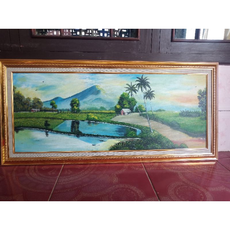 lukisan asli pemandangan alam + pigura 50x110