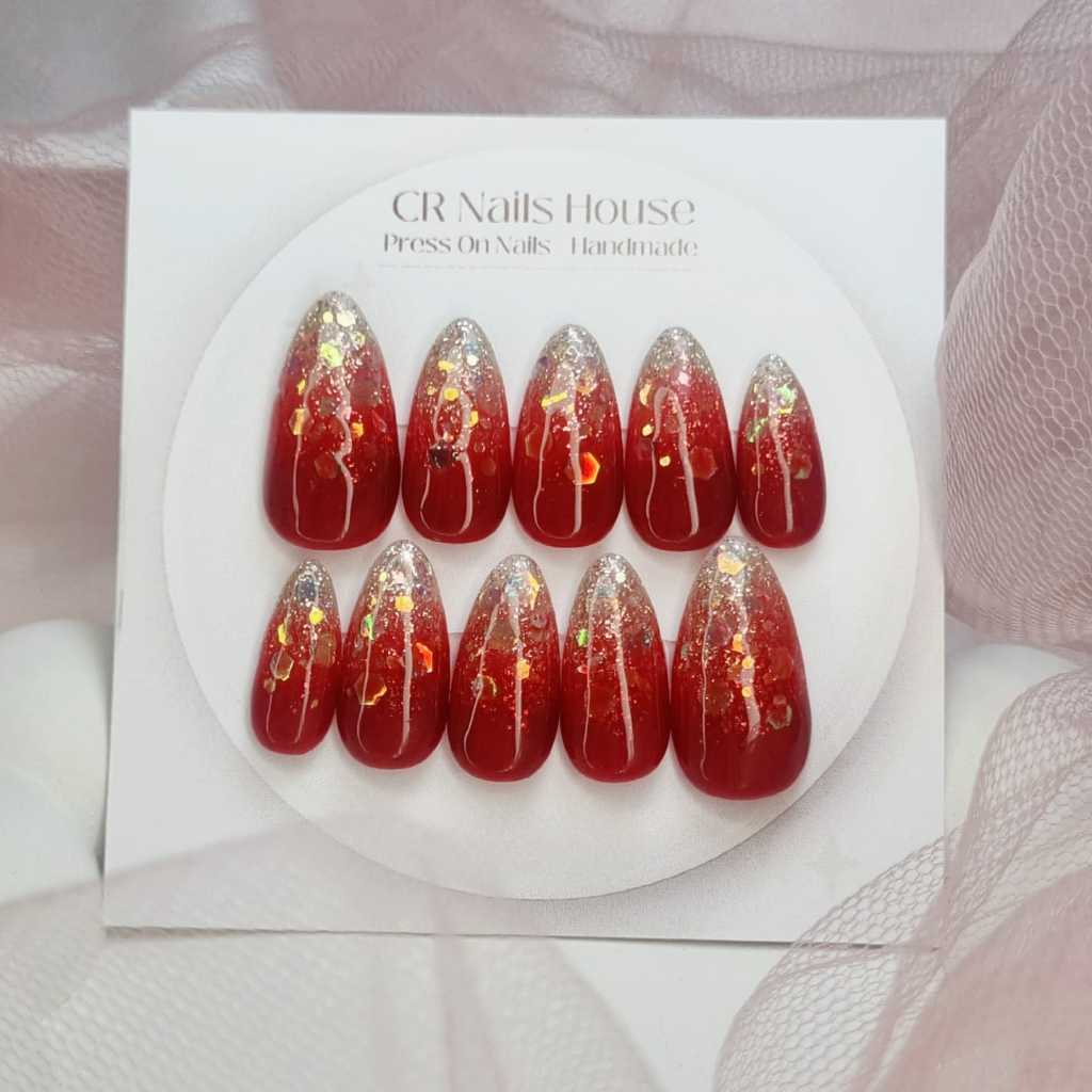 Fake Nails / Kuku Palsu / Press On Nails / Handmade - Maroon Glitter Gold