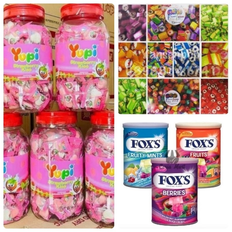 

aneka permen, snack kartonan (yupi, foxs, permen unik)