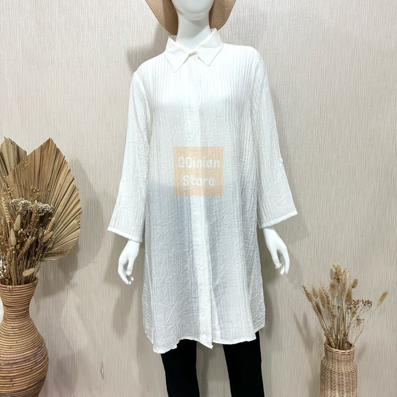 [KHUSUS PUTIH] Dress Tunik Blouse Mona Fashion QQinian Katun Silk Plisket Putih Lengan Panjang Kerah