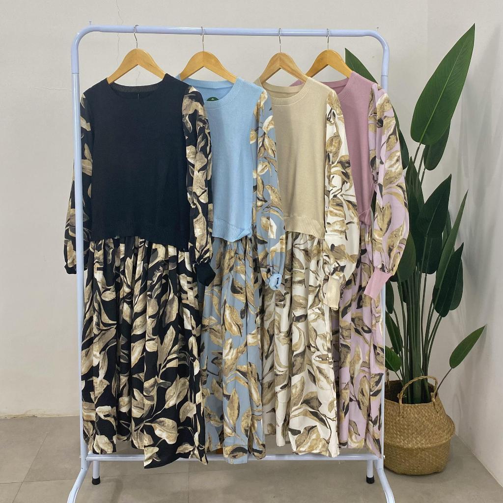 MOTEMOTE Tunic Kombinasi vest wanita premium // Gamis Midi Flower