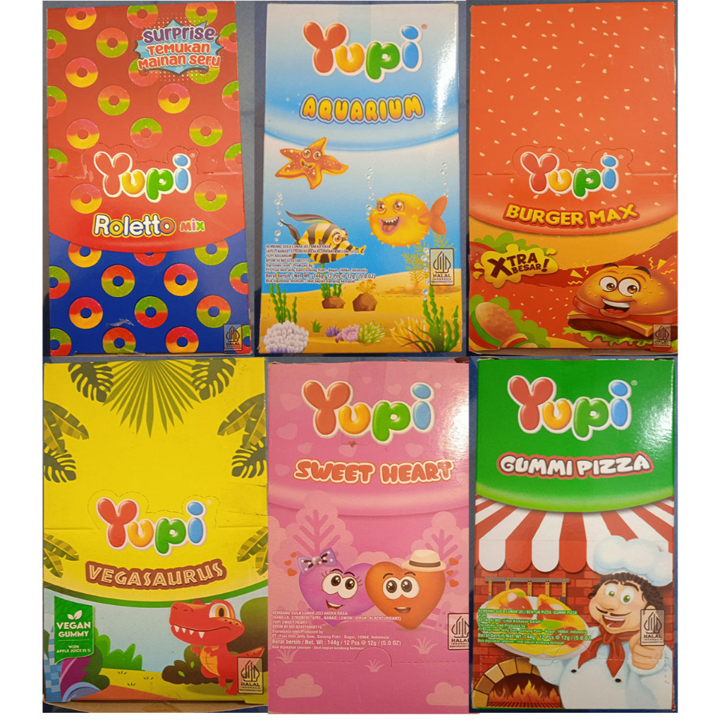 

Yupi Roletto Mix, Aquarium, Burger Max, Vegasaurus, Sweet Heart, Gummi Pizza, Exotic Mango, Gummy Fangs, Woota-Melon, Baby Bears, Little Stars, Choco Glee, Dino land, Bolicious / 1 pcs