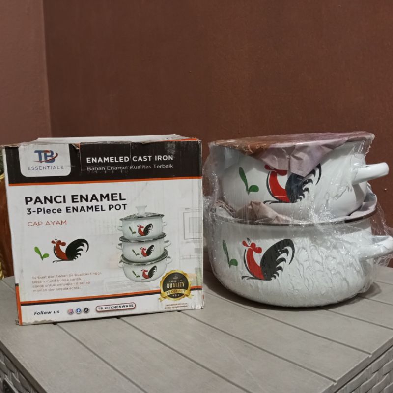 Panci Enamel 3-Piece Enamel Pot "Cap Ayam" isi 3