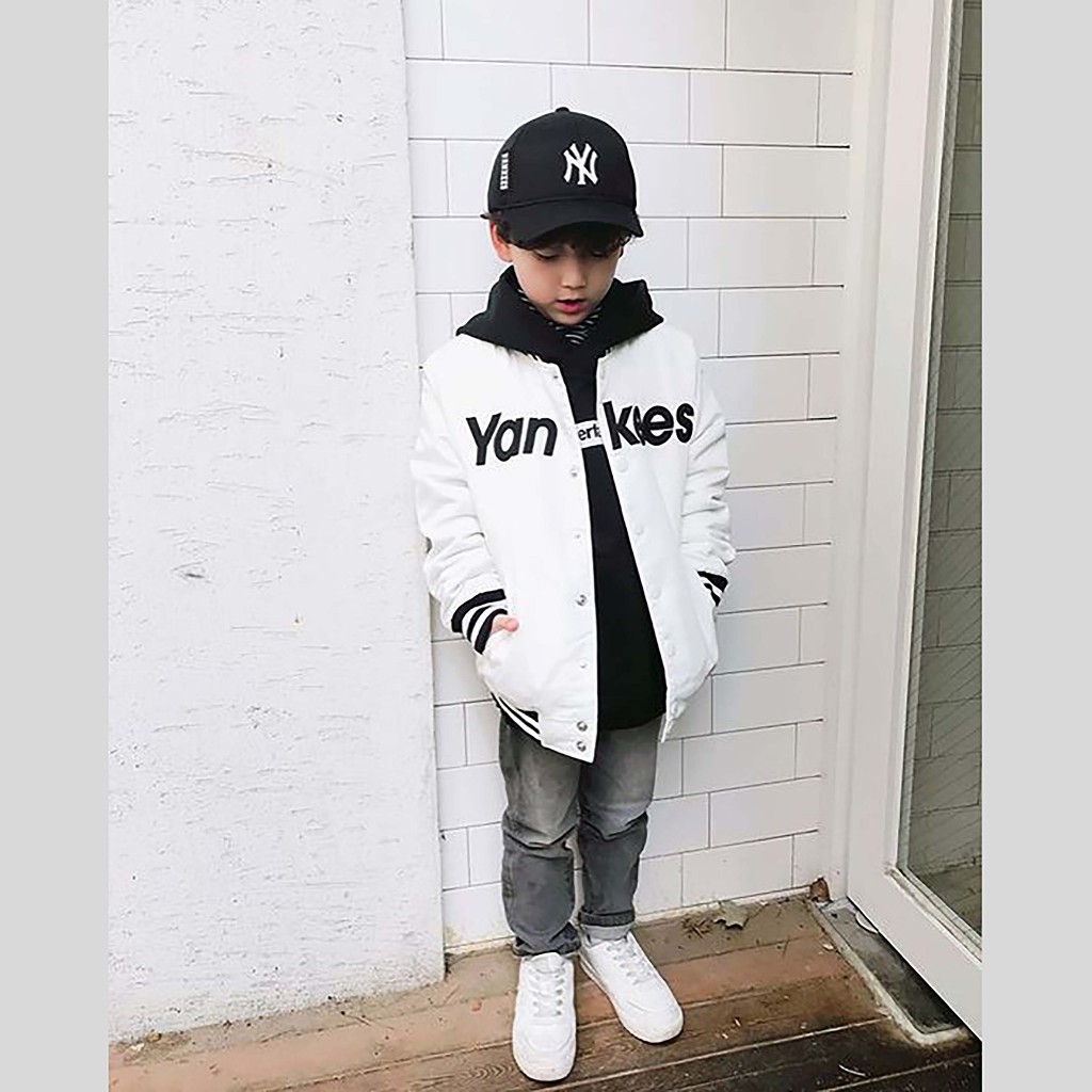 Jaket Varsity Baseball Anak Unisex (1 th - 18 th) YANKES (CUSTOM HURUF INISIAL) Jaket Bomber Kancing