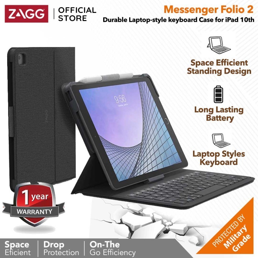 Zagg Messenger Folio 2 Keyboard Case iPad 10 Gen 10th 10.9" Inch