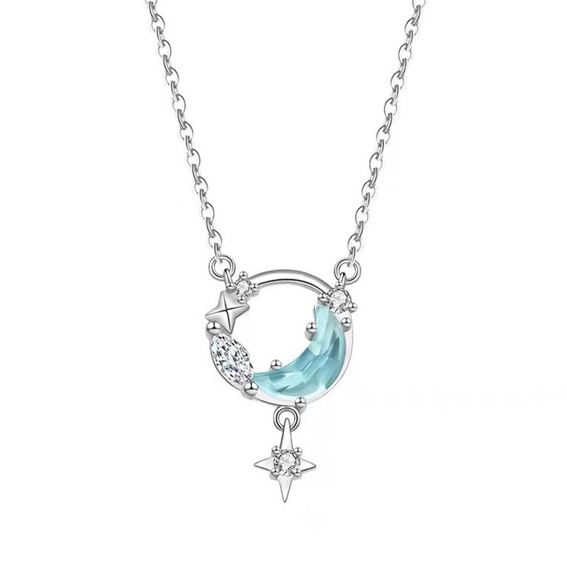 Kalung rantai liontin bulat bintang bulan  warna biru / necklace chain pendant star moon blue niche 