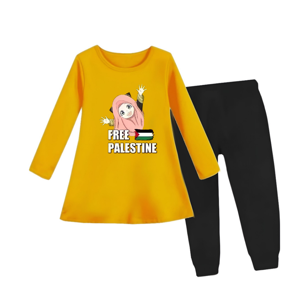 Setelan Anak Tunik Lengan Panjang Motif Free Palestine Umur 3-11 Tahun