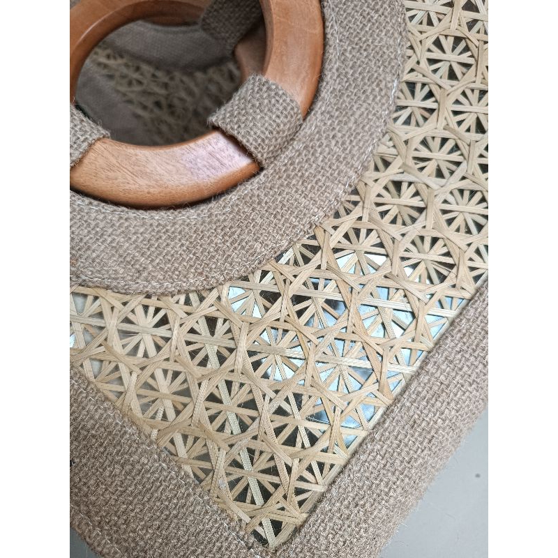 RK TAS GONI KOMBINASI ANYAMAN BAMBU Handle KAYU BULAT / Tas goni Hampers Parcel Premium