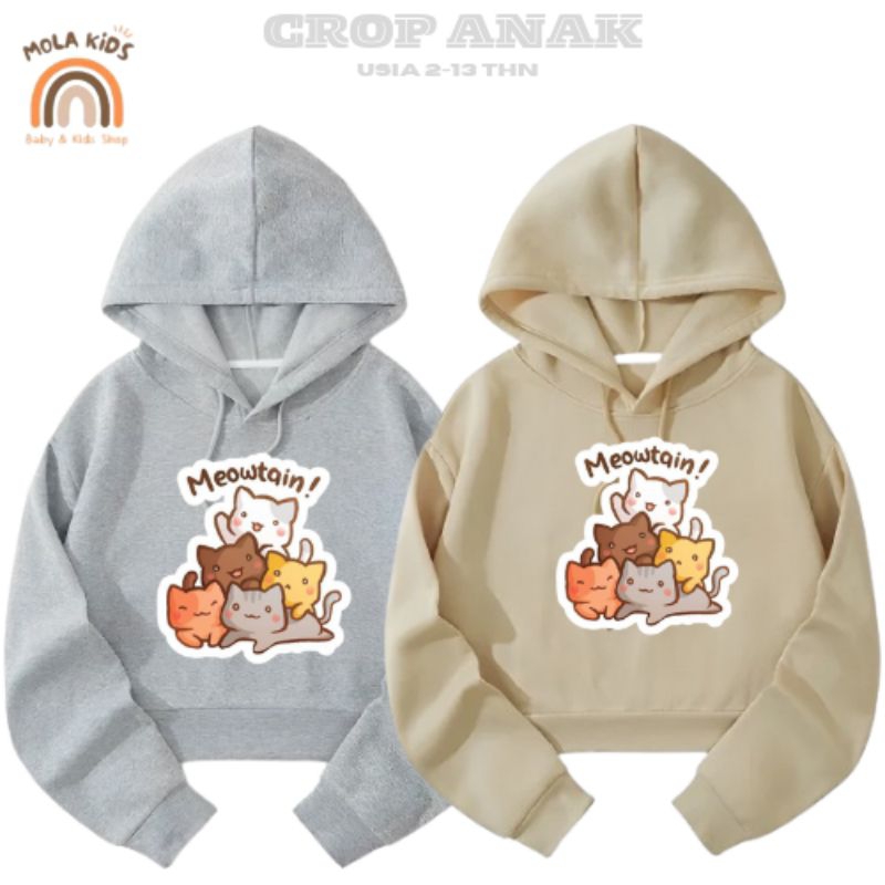 MOPAKIDS, Meowtain Sweater Hoodie Crop Top Anak Perempuan Usia 2,3,4,5,6,7,8,9,10,11,12,13 Tahun Baj