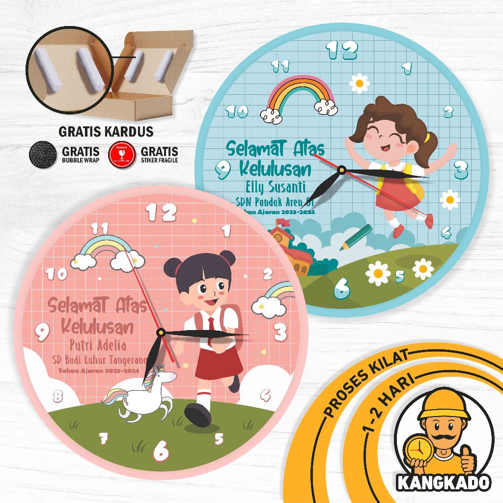 Hadiah Jam Dinding 20CM Kenang Kenangan Perpisahan Sekolah Custom Nama Kartun Tulisan Gift Kelulusan