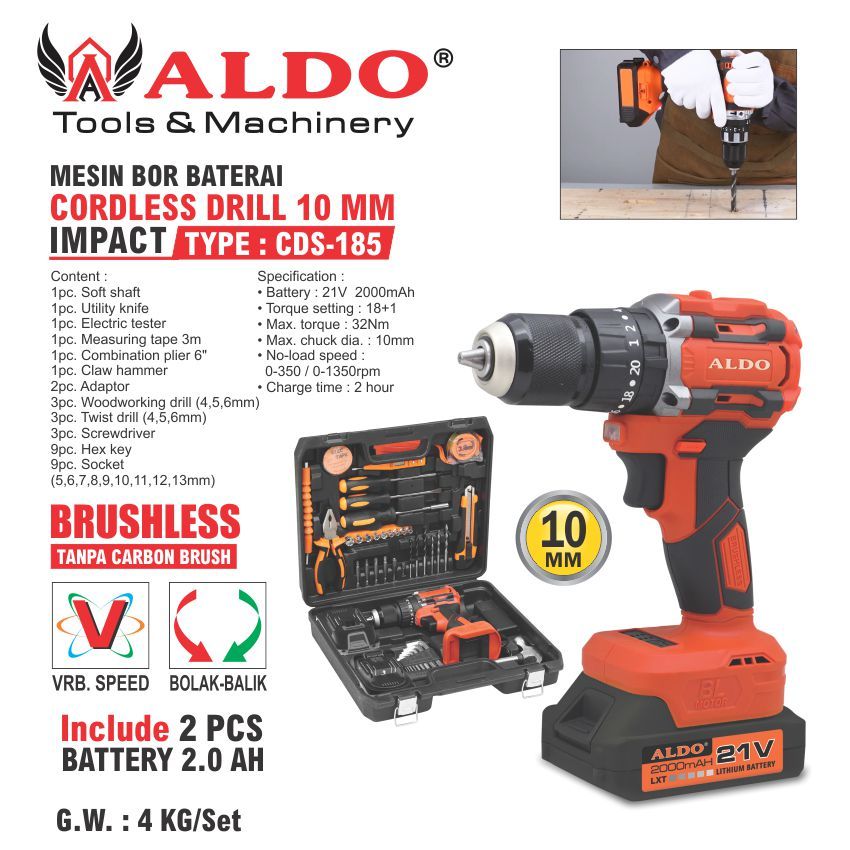 CORDLESS DRILL 10 MM IMPACT CDS-185 / MESIN BOR TANPA KABEL / MESIN BOR BATERAI MERK ALDO