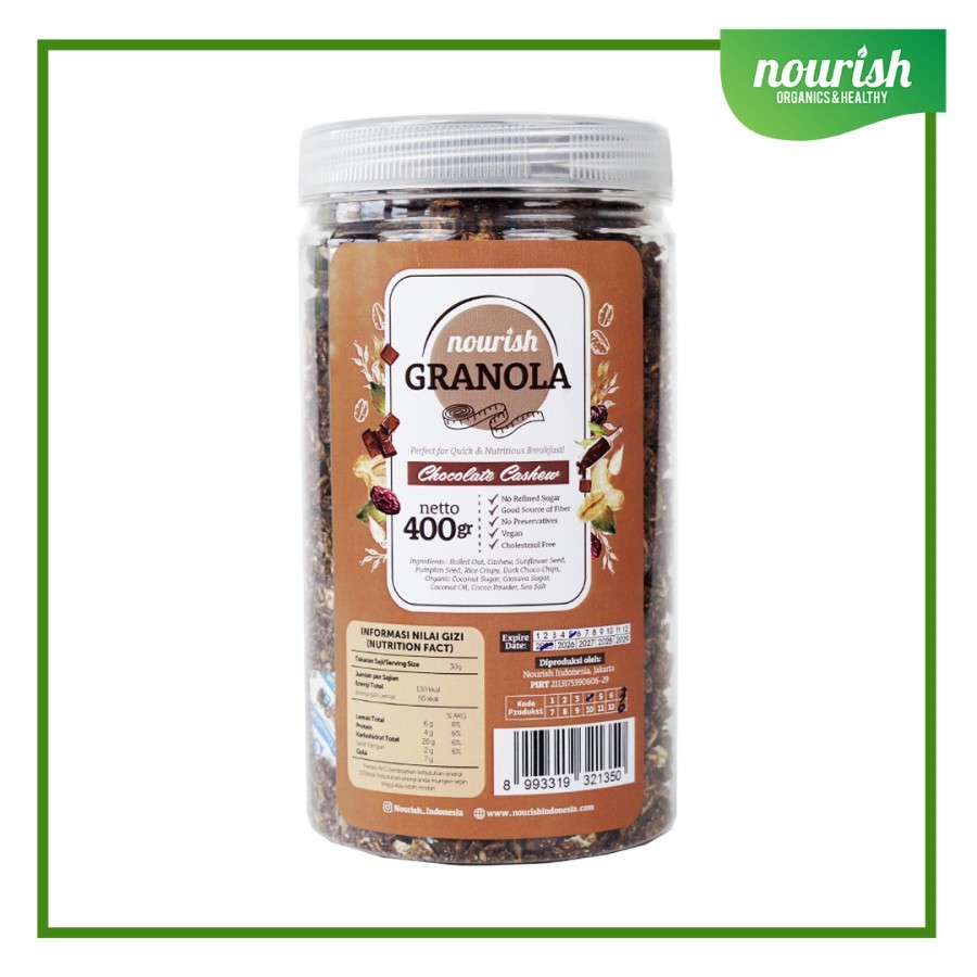 

Nourish Granola Chocolate Cashew - Kacang Mede (Bebas Kolesterol, Tinggi Serat, Vegan) - 400 gr